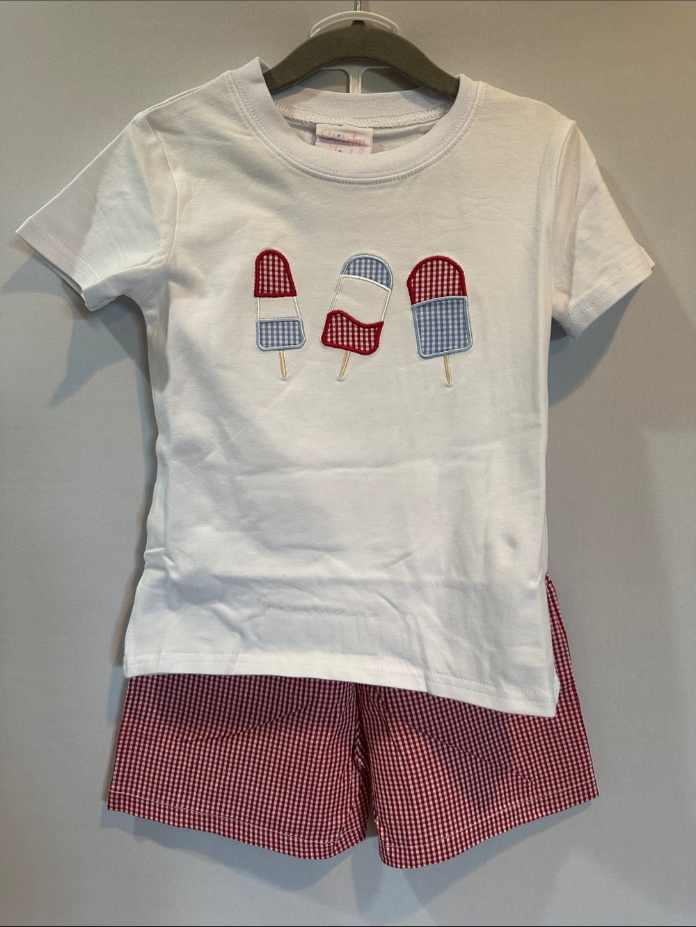 Kids White Short-Sleeve Tee with Red & Blue Popsicle Appliqués